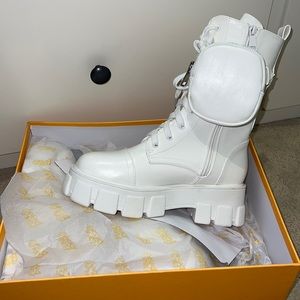 Public Desire White Prada-Like Combat Boots Size 7